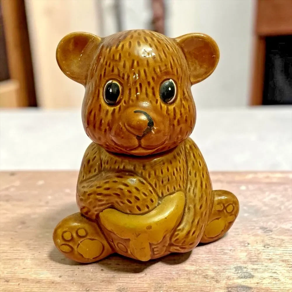 Vintage Ceramic Honey Bear Lidded Jar Brown Teddy Bear Holding Pot 5